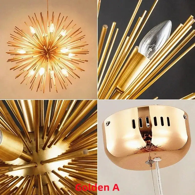 Modern golden decorbites geometric starburst chandelier with slender rods and exposed bulbs for dining room lighting