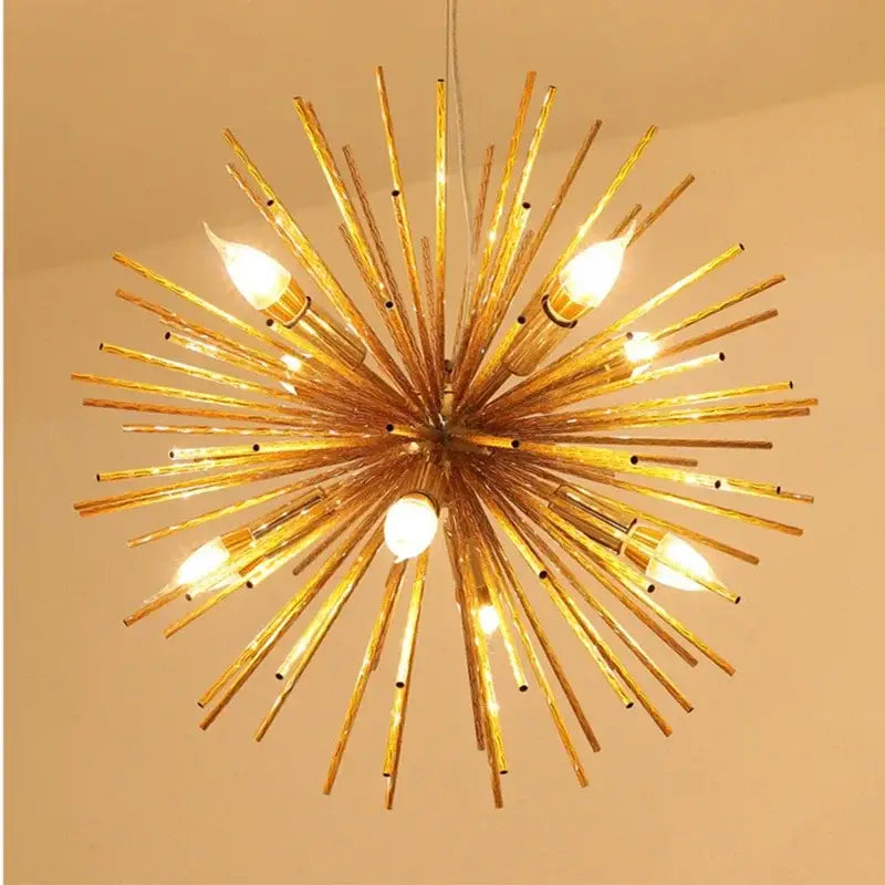 Modern golden decorbites geometric starburst chandelier with multiple exposed bulbs for dining room lighting
