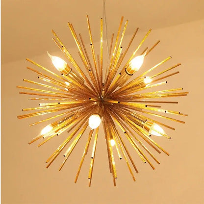 Modern golden decorbites geometric starburst chandelier with multiple exposed bulbs for dining room lighting