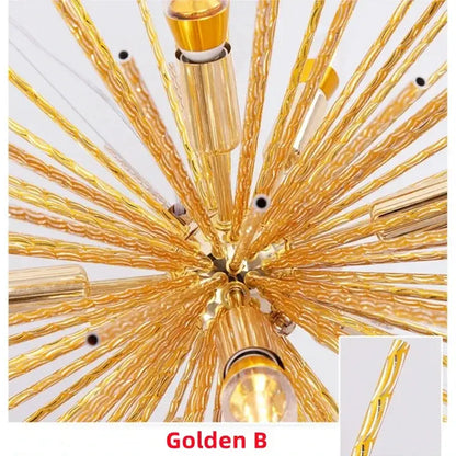 Modern golden decorbites geometric starburst chandelier with twisted gold-toned glass rods for dining room lighting