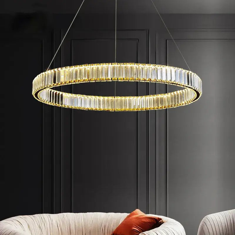 Modern golden double ring decorbites crystal led ceiling chandelier with faceted crystal bars for dining room decor