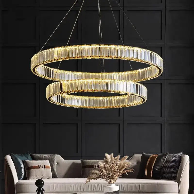 Modern golden double ring decorbites crystal led chandelier with faceted crystal elements for dining room ceiling use