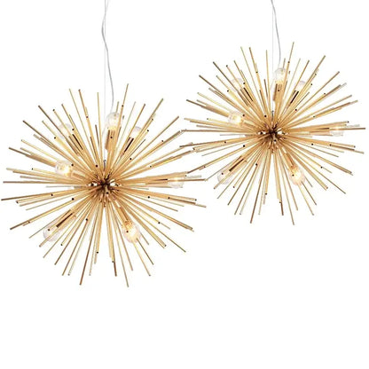 Modern golden geometric ball chandelier with gold-toned spikes and clear bulbs for dining room lighting decorbites geometric ball