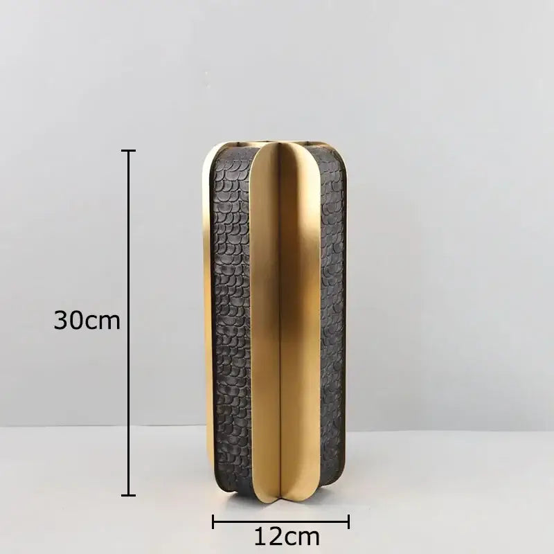 A sleek 30cm tall decorbites golden geometry vase with a gold metallic frame and black crocodile texture sides