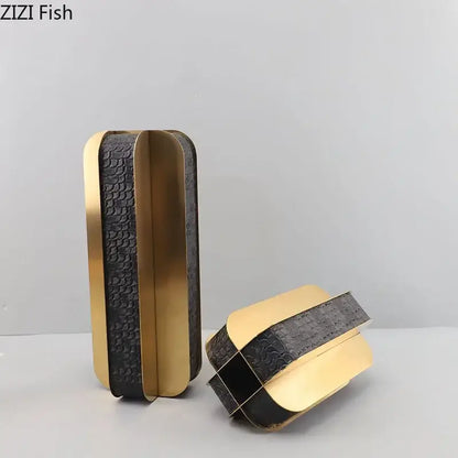Gold-toned rectangular decorbites golden geometry vase with black textured leather trim for desk or bedroom decor