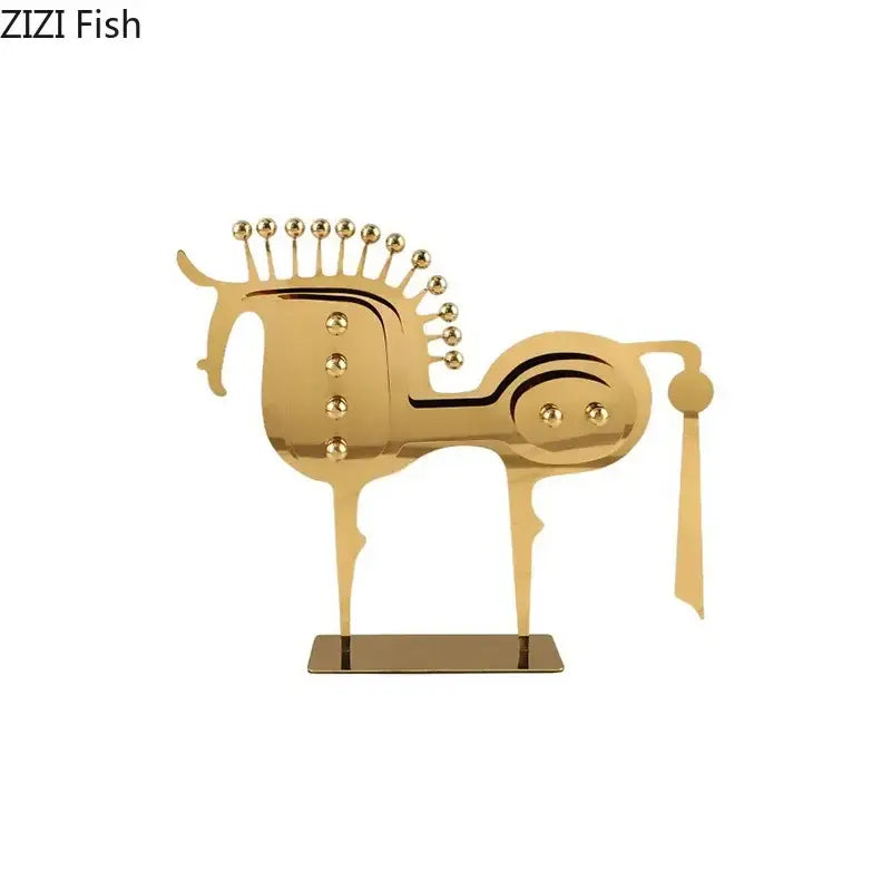 Modern golden horse metal sculpture with decorative spheres by decorbites perfect for living room desk decor