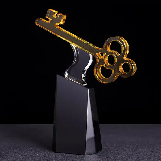 Modern golden key crystal trophy decor mounted on black acrylic base ideal for living room decorbites crystal trophy