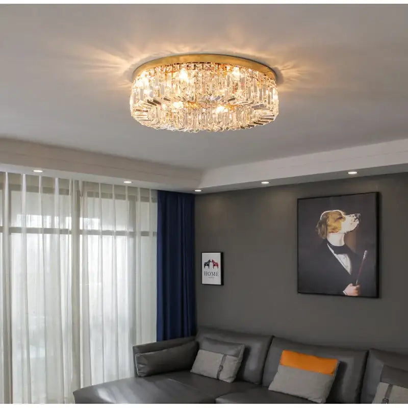 Modern golden led crystal ceiling lamp with a gold-toned frame and faceted crystals for living room decorbites golden led