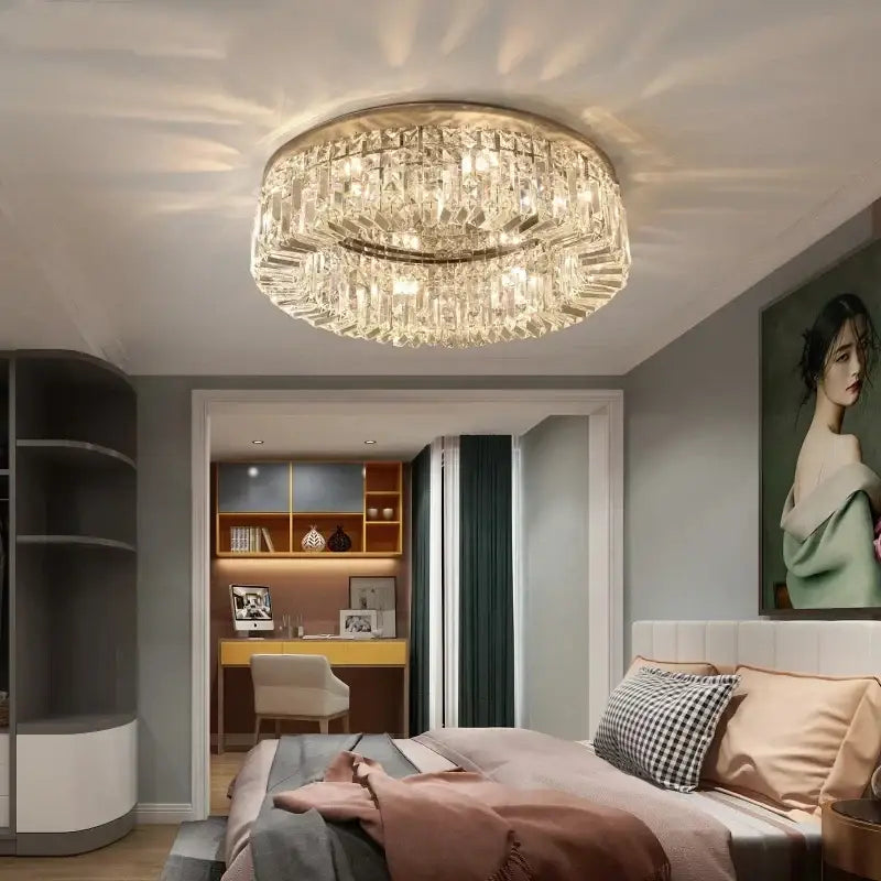 Modern golden led crystal ceiling lamp with circular metallic frame and faceted glass tiers for living room decorbites golden led