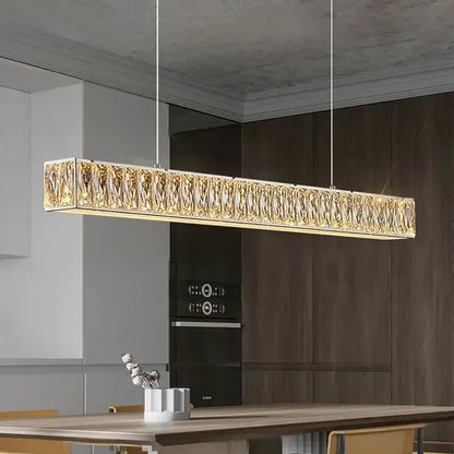 Modern golden led crystal chandelier rectangular pendant light with textured crystal surface and sleek metallic frame for dining room decorbites golden led