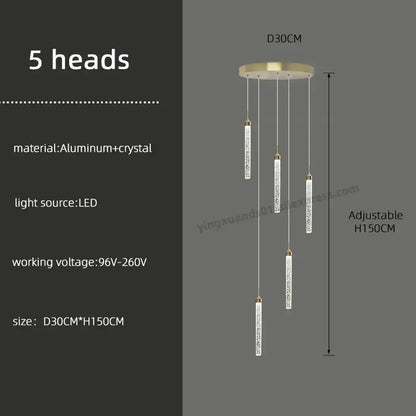 Modern five-head pendant light with gold-toned base and crystal-encrusted rods for decorbites golden led chandelier
