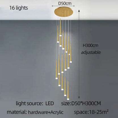 Modern golden led tapered chandelier with 16 led lights suspended from circular hardware base for living room lighting