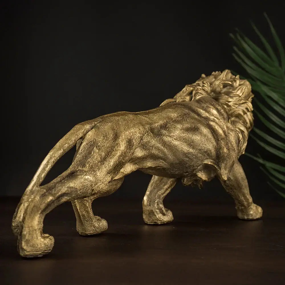Modern golden lion king statue with detailed mane and textured surface perfect for office decorbites golden lion decor
