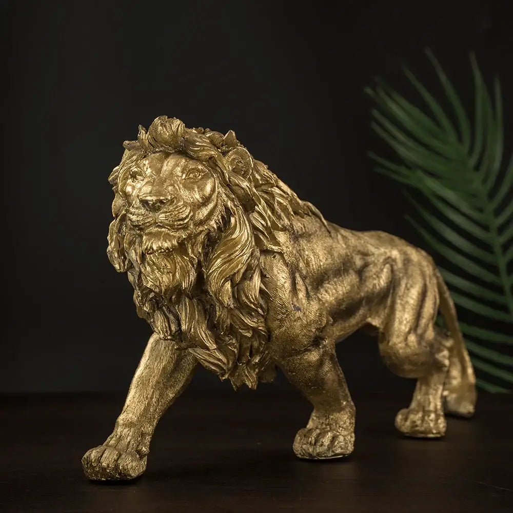 Modern golden lion king statue with detailed mane and textured surface for decorbites golden lion office decor