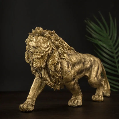 Modern golden lion king statue with detailed mane and textured surface for decorbites golden lion office decor