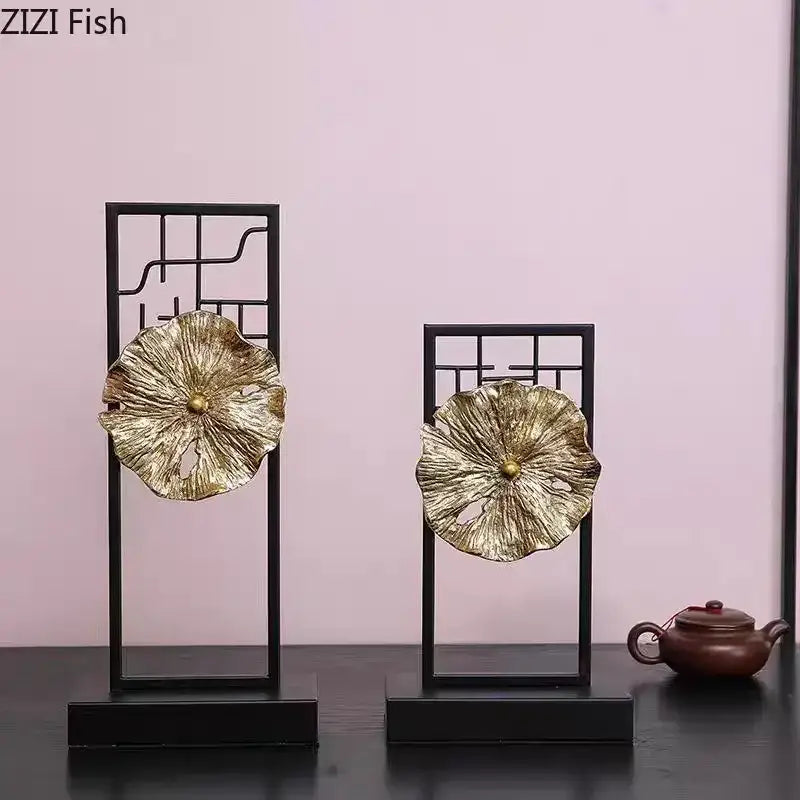 Modern golden lotus leaf framed sculpture with golden metallic lotus leaf ornaments in black stands for living room decor