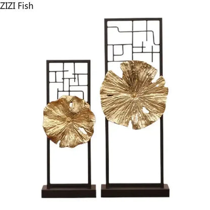 Set of two gold-toned metallic golden lotus leaf sculptures on black metal lattice frames for modern living room decor