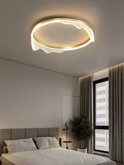 Modern golden lustre ceiling lamp with circular gold-toned metallic frame and warm white led for bedroom decorbites ceiling lamp