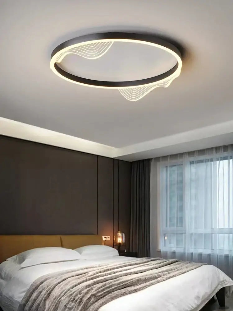 Modern circular ceiling lamp with sleek black frame and glowing white led lines for decorbites golden lustre ceiling light