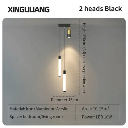 Modern golden pendant chandelier with black xingliuang two-head decorbites golden pendant and sleek cylindrical led bulbs
