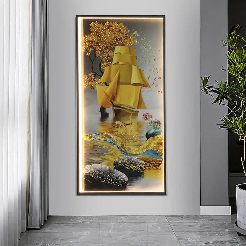 Modern golden scenic mountain wall sconces featuring an illuminated gold sailboat boat figure led for living room decorbites decor