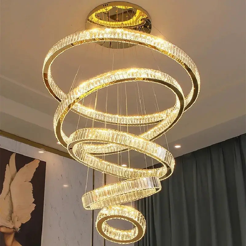 Modern golden spiral crystal round chandelier with crystal-encrusted rings for elegant decorbites crystal decor