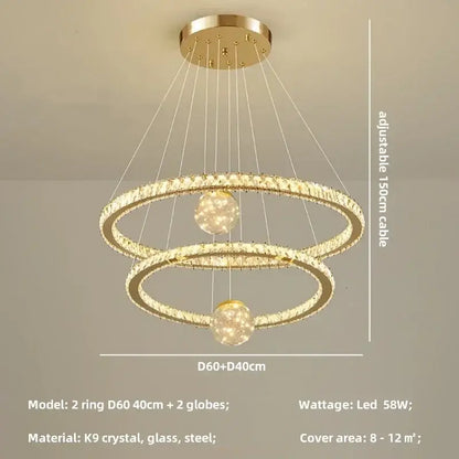 Modern golden spiral decorbites crystal led chandelier with two interlocking crystal rings and embedded led globe lights