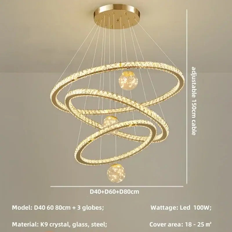 Modern golden spiral decorbites crystal led chandelier with three glowing globe lights for living room decor