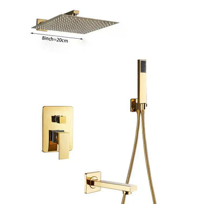 Modern golden square rain shower set with concealed mixer taps featuring a gold-finished shower set for decorbites golden bathroom