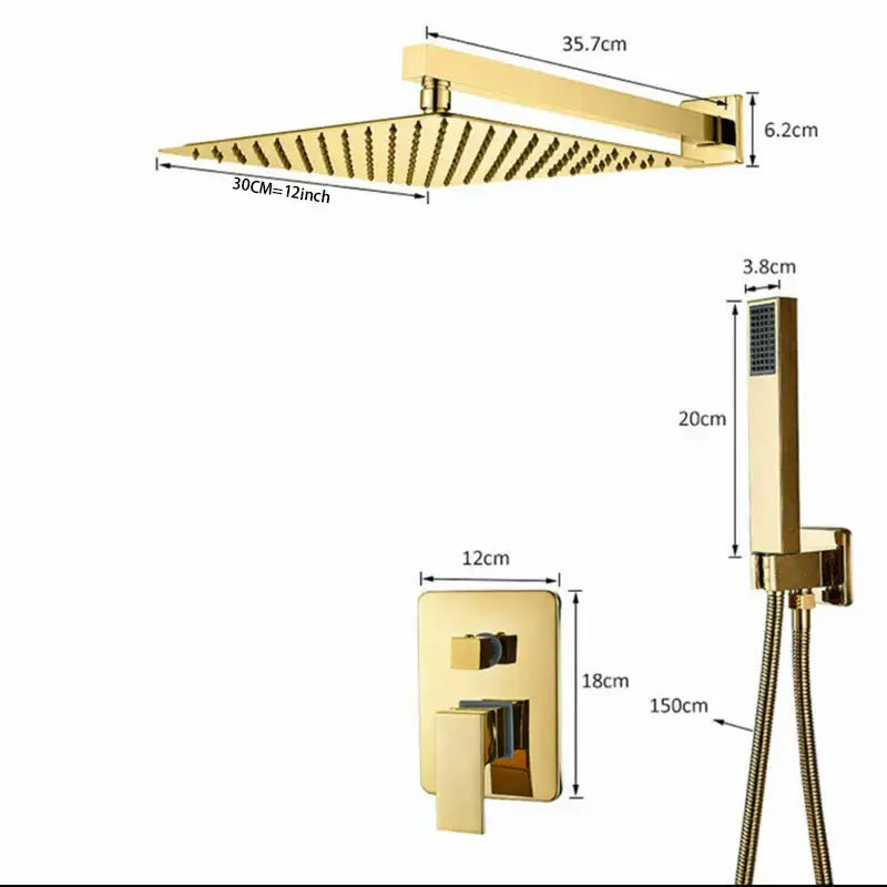 Modern golden square rain shower set with gold-finished square shower head and integrated handheld shower attachment decorbites golden bathroom shower