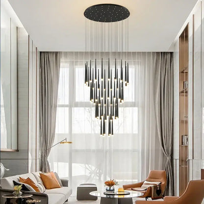 Black modern chandelier with slender vertical rods and circular fixture ideal as decorbites golden tapered led pendant light