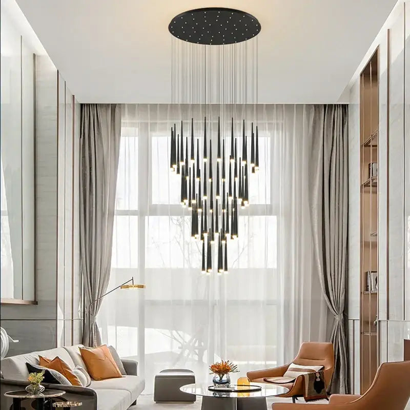 Black modern chandelier with slender vertical rods and circular fixture ideal as decorbites golden tapered led pendant light
