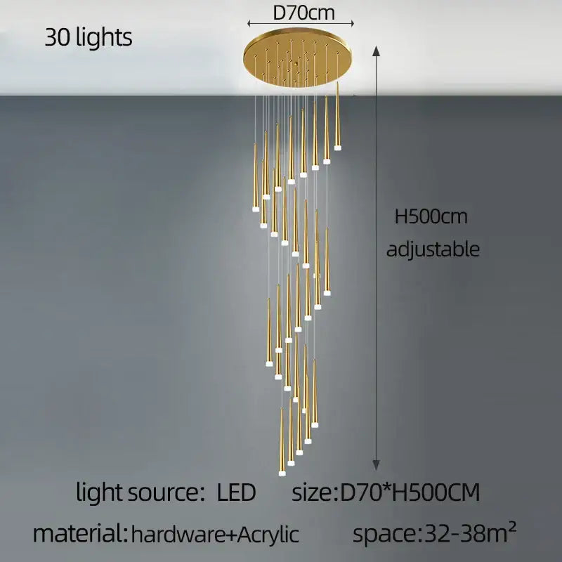 Modern golden tapered led chandelier with 30 cascading gold-toned lights for elegant living room decorbites design
