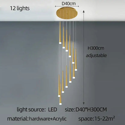 Modern golden tapered led chandelier with 12 leds and acrylic cone fixtures for elegant living room decorbites golden tapered