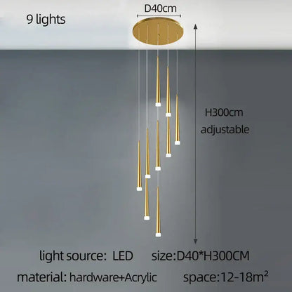Modern golden tapered led chandelier with nine slender acrylic lights for living room decorbites golden tapered style
