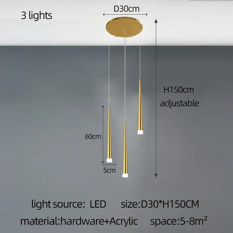 Gold-toned modern pendant light with three cone-shaped acrylic shades in a decorbites golden tapered led chandelier design