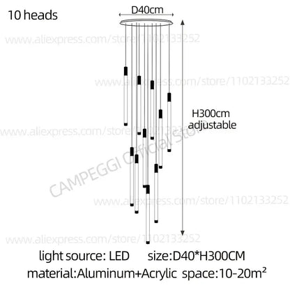 Modern golden tube chandelier with ten sleek led light heads suspended from a circular aluminum base by decorbites golden tube