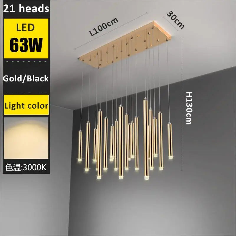 Modern golden tube led chandelier with 21 cylindrical led lights suspended from a rectangular frame for living room decorbites golden tube