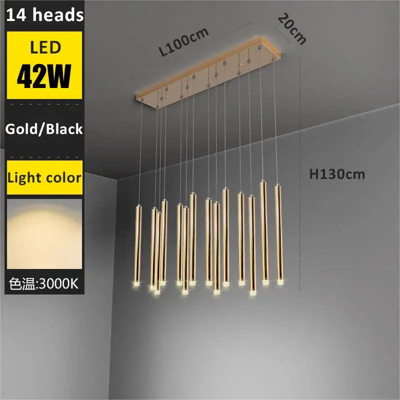 Modern golden tube led chandelier with 14 black and gold cylindrical light heads for living room decorbites golden tube