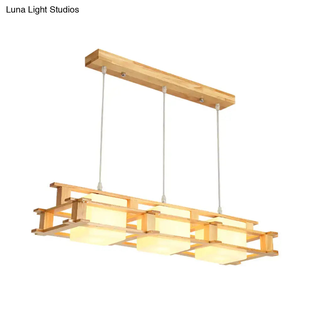 Decorbites™ nordic 3-light island pendant with square wooden frame and warm glass panels for dining room lighting