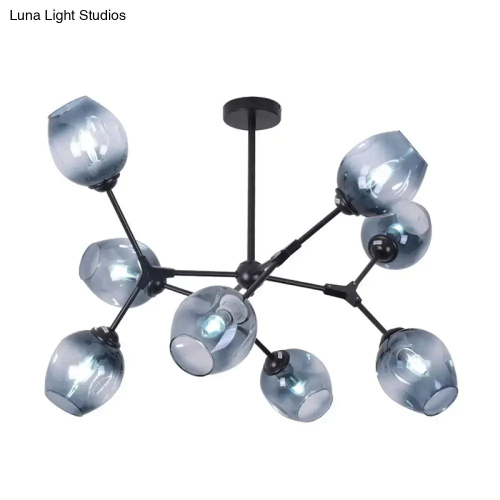 Modern black metal chandelier with eight gradient blue glass globe shades for living room semi flush mount lighting
