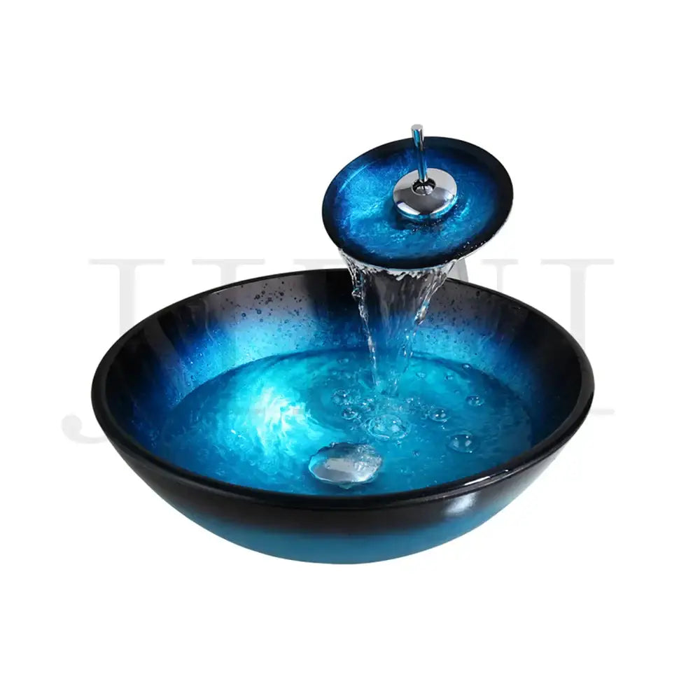 Modern gradient blue glass sink set featuring a vibrant blue glass sink with sleek chrome faucet for bathroom use decorbites blue glass sink set