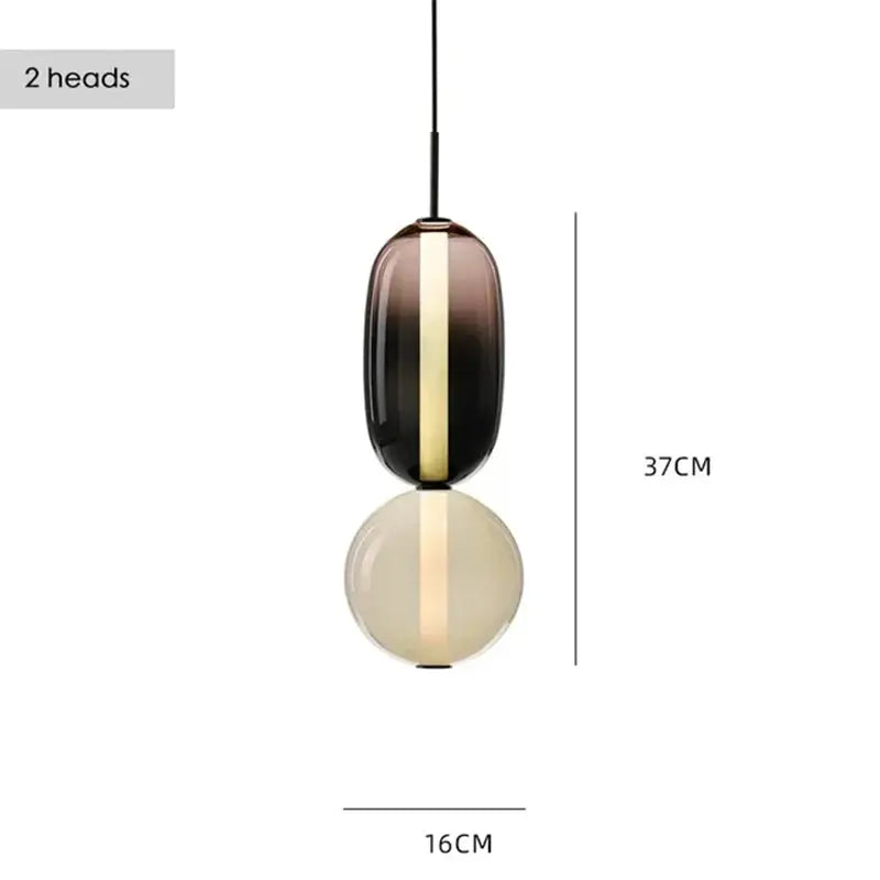 Modern two-head glass pendant light with gradient amber and cream spheres for dining room black and white decor