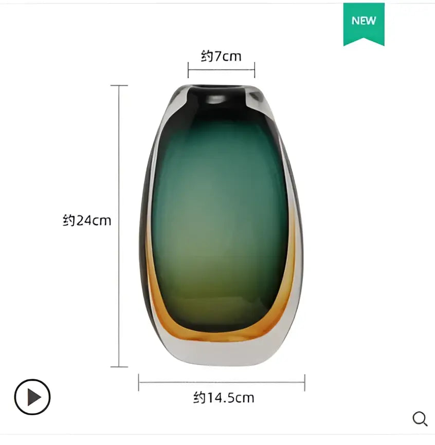 A sleek modern gradient glass vase with green to amber hues and a reflective silver rim for living room decorbites decor