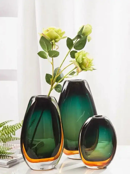 Modern gradient glass vase set featuring three green and amber gradient glass vases for stylish living room decor