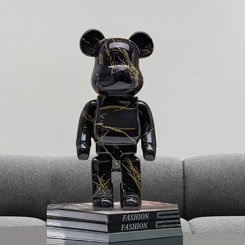 Black marble-patterned graffiti bear 27cm figurine with gold veining used as a modern living room money jar decorbites