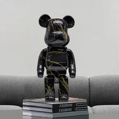 Black marble-patterned graffiti bear 27cm figurine with gold veining used as a modern living room money jar decorbites