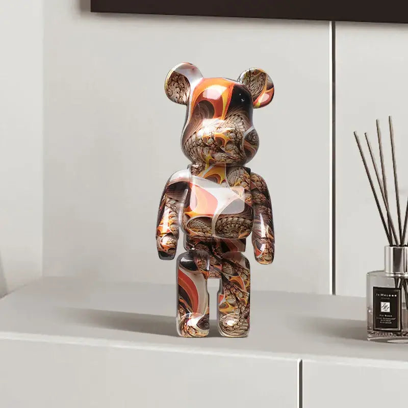 Glossy modern graffiti bear 27cm figurine with orange brown black swirl pattern used as living room money jar decorbites graffiti bear