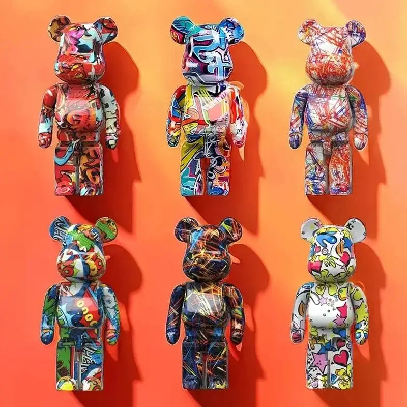 Six colorful decorbites graffiti bear 27cm vinyl figurines arranged in two rows on an orange background for living room decor