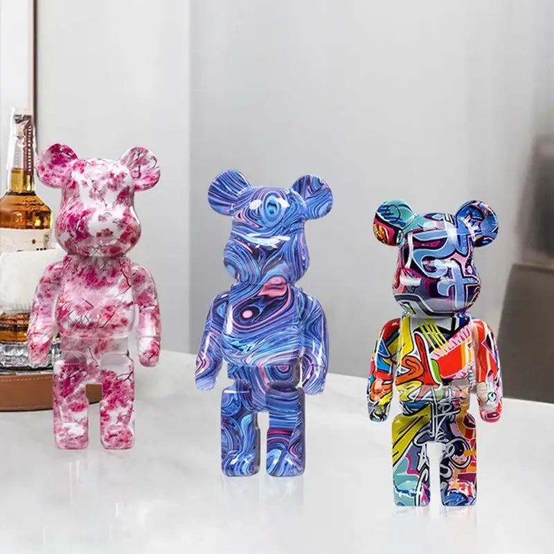 Three glossy modern graffiti bear 27cm figurines with abstract pink white blue and vibrant graffiti patterns decorbites graffiti bear